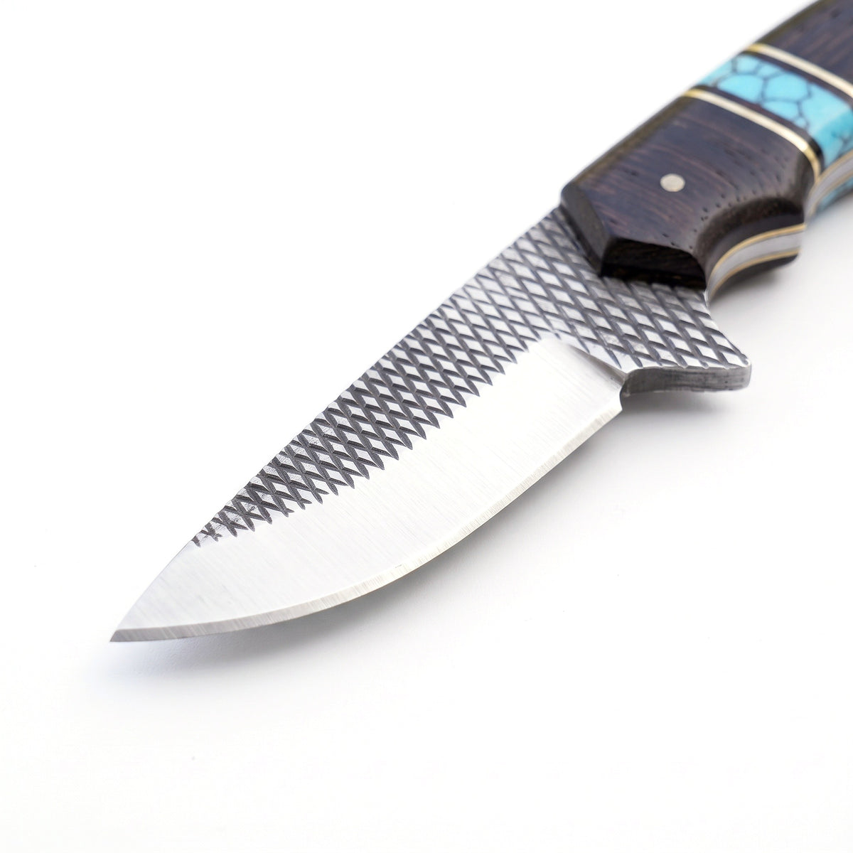 Highline 12" Rasp Steel Bowie Knife | Hardwood & Turquoise, carbon steel blade close-up