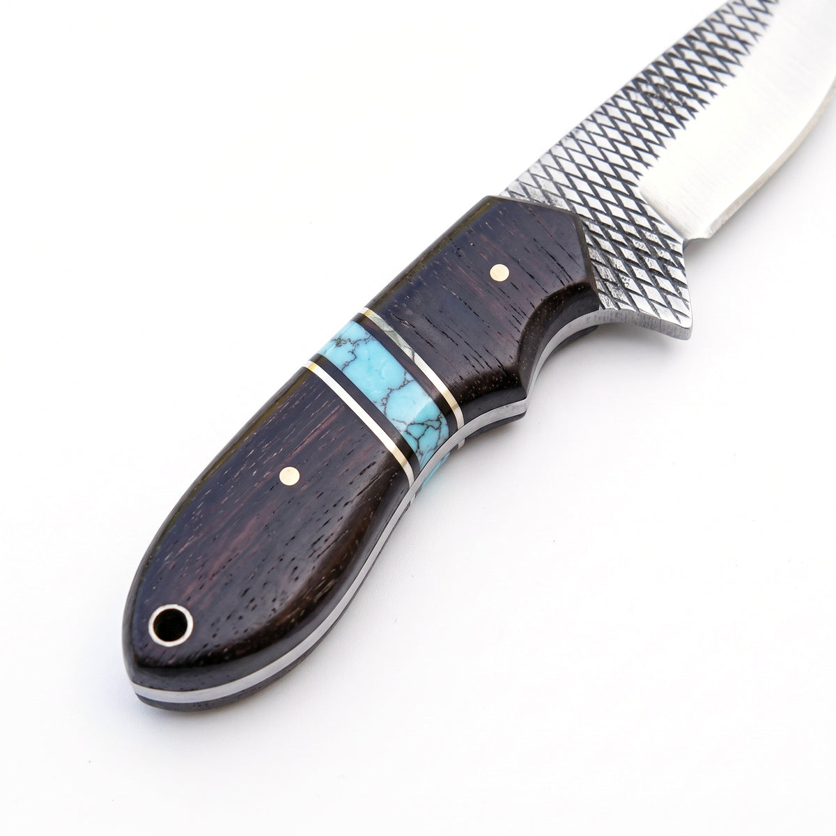 Highline 12" Rasp Steel Bowie Knife | Hardwood & Turquoise, handle and fittings close-up