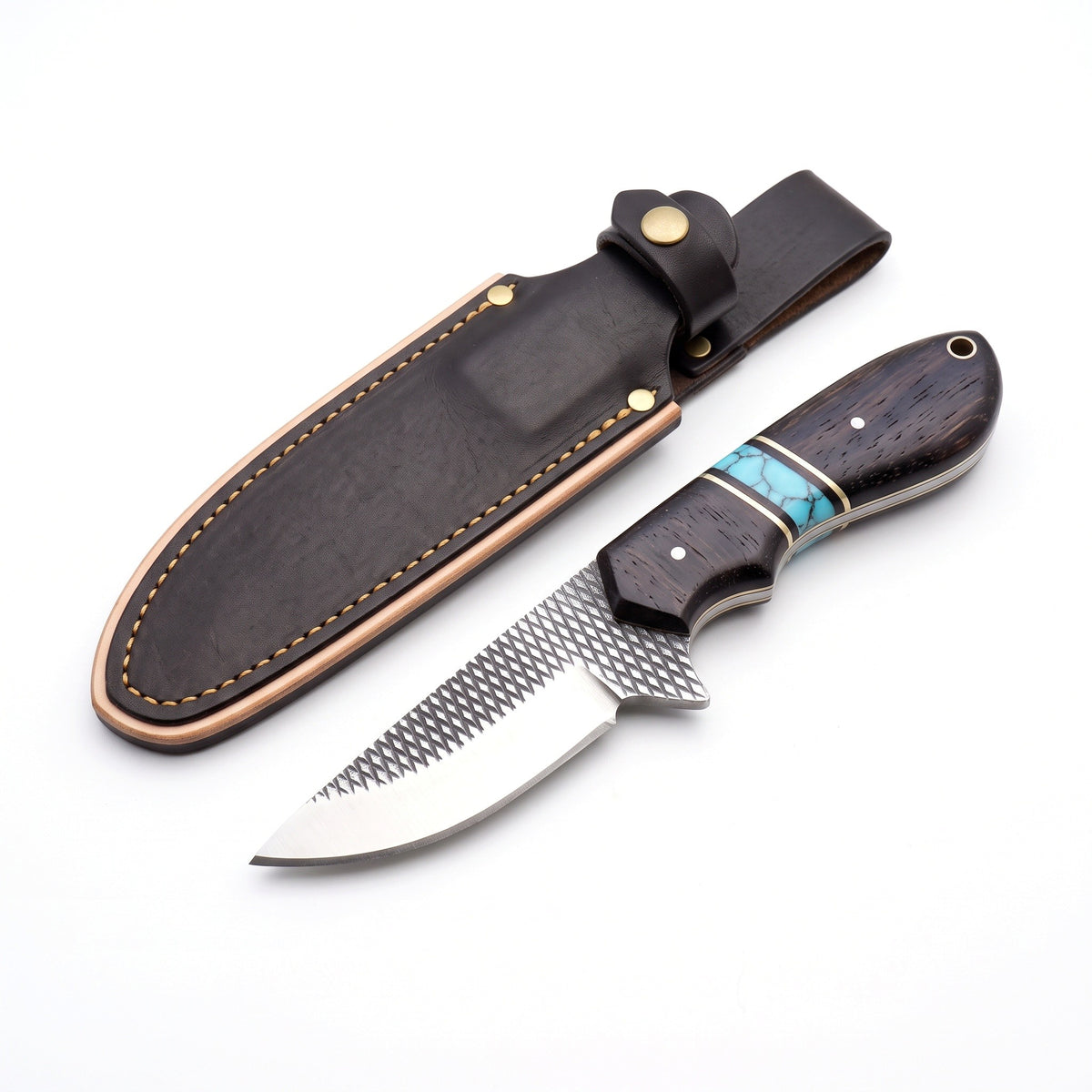 Highline 12" Rasp Steel Bowie Knife | Hardwood & Turquoise, three-quarter view with the Crownridge sheath