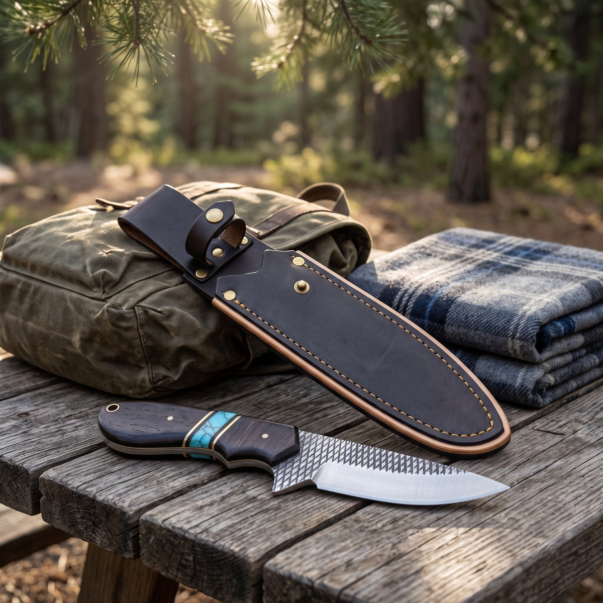 Highline 12" Rasp Steel Bowie Knife | Hardwood & Turquoise, with the Crownridge sheath in use