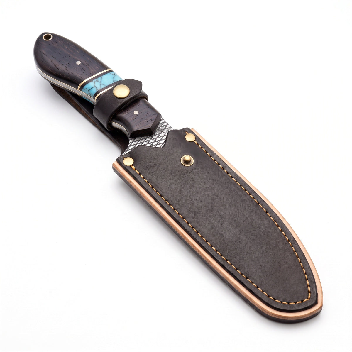 Highline 12" Rasp Steel Bowie Knife | Hardwood & Turquoise, seated in the Crownridge sheath