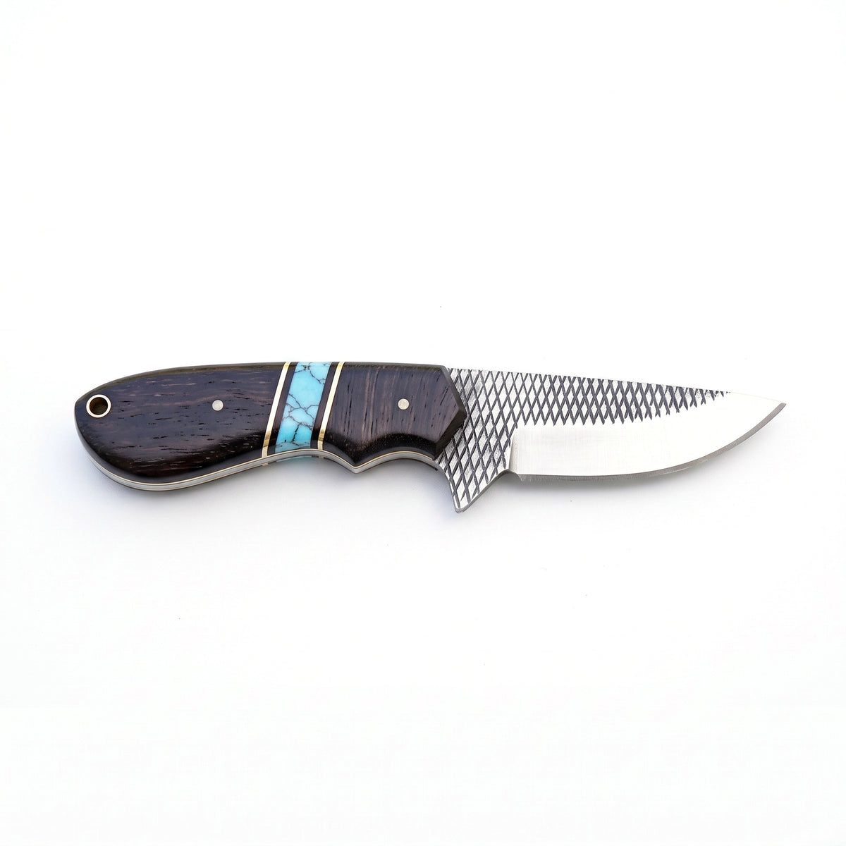 Highline 12" Rasp Steel Bowie Knife | Hardwood & Turquoise, side profile on white