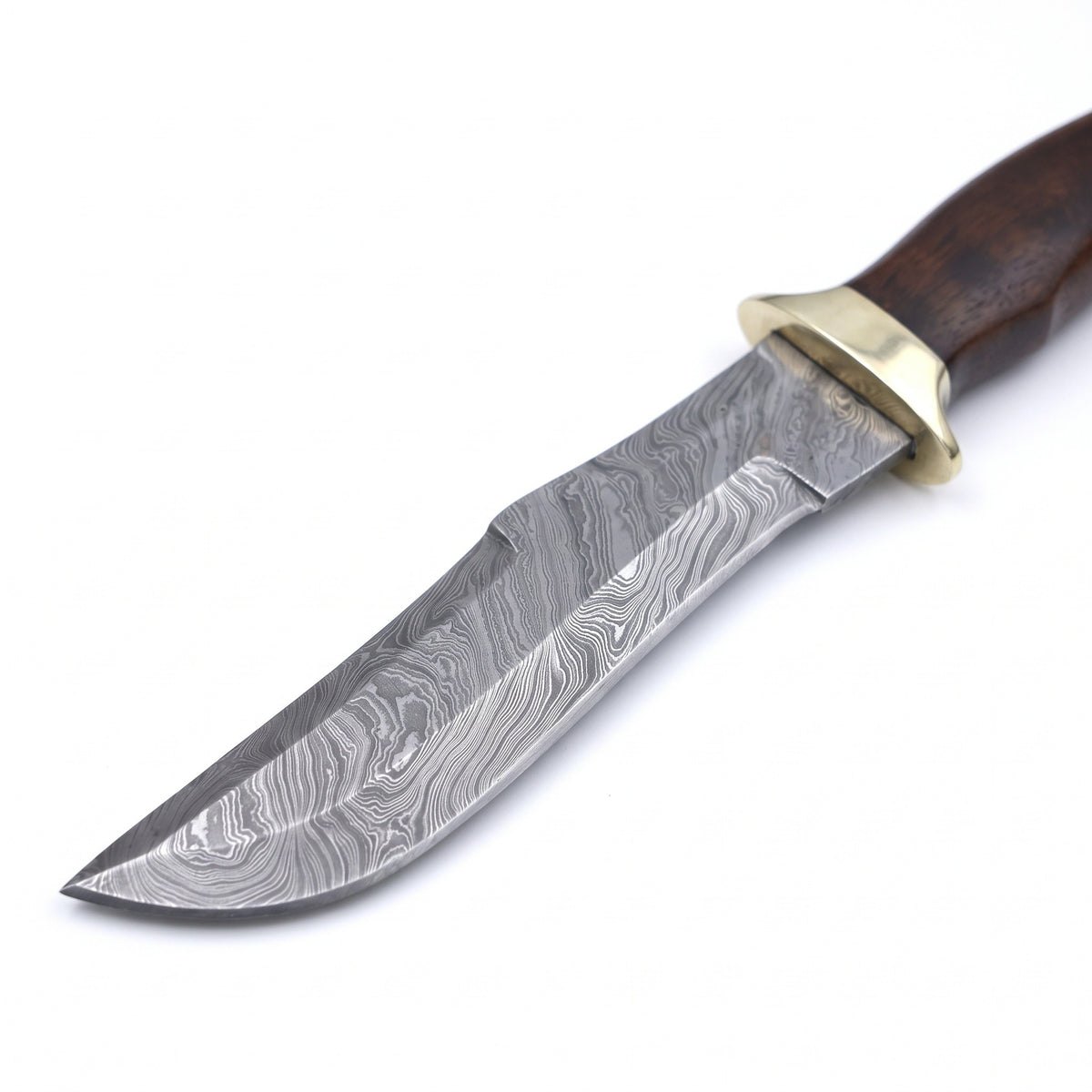 Highline 13.5" Damascus Bowie Knife | Walnut & Brass, Damascus blade close-up