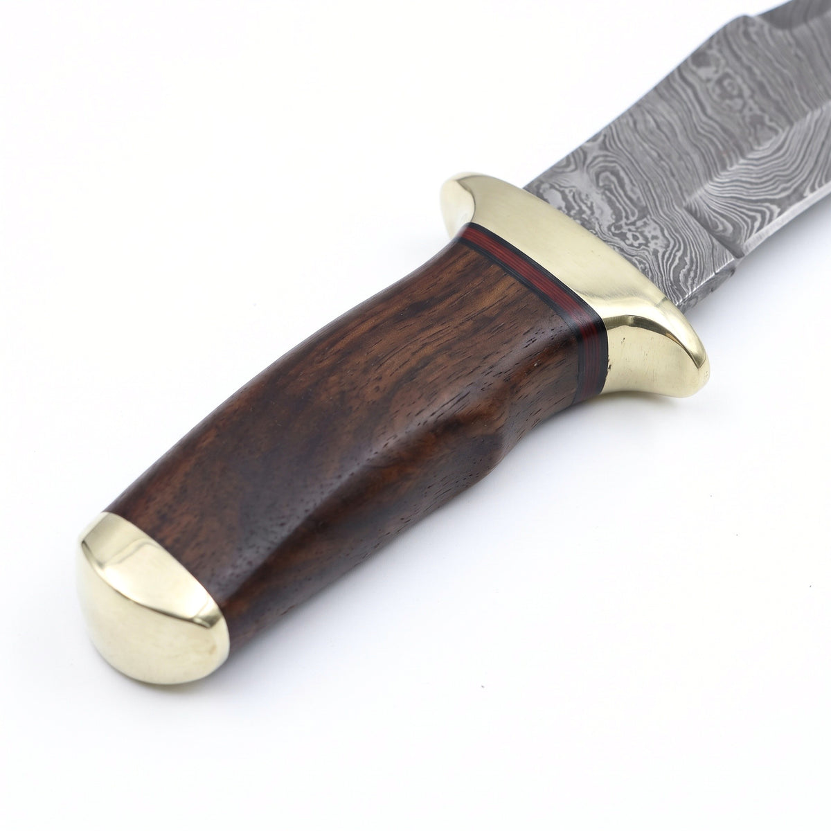 Highline 13.5" Damascus Bowie Knife | Walnut & Brass, handle and fittings close-up