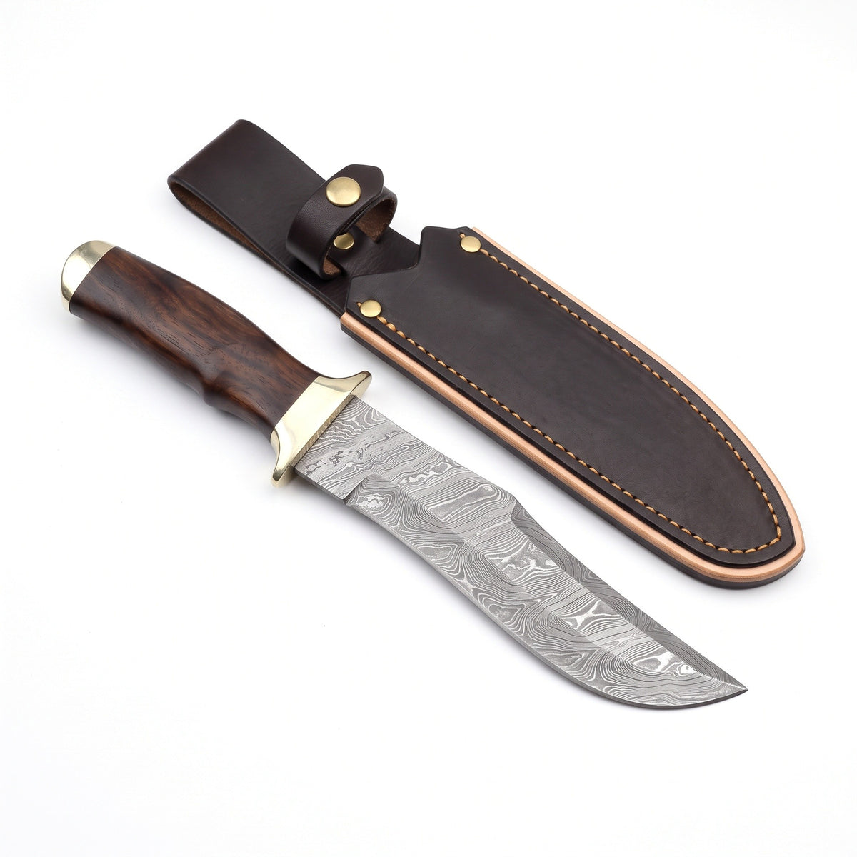 Highline 13.5" Damascus Bowie Knife | Walnut & Brass, three-quarter view with the Crownridge sheath