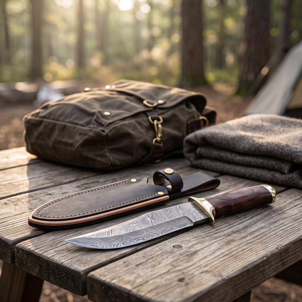 Highline 13.5" Damascus Bowie Knife | Walnut & Brass, with the Crownridge sheath in use