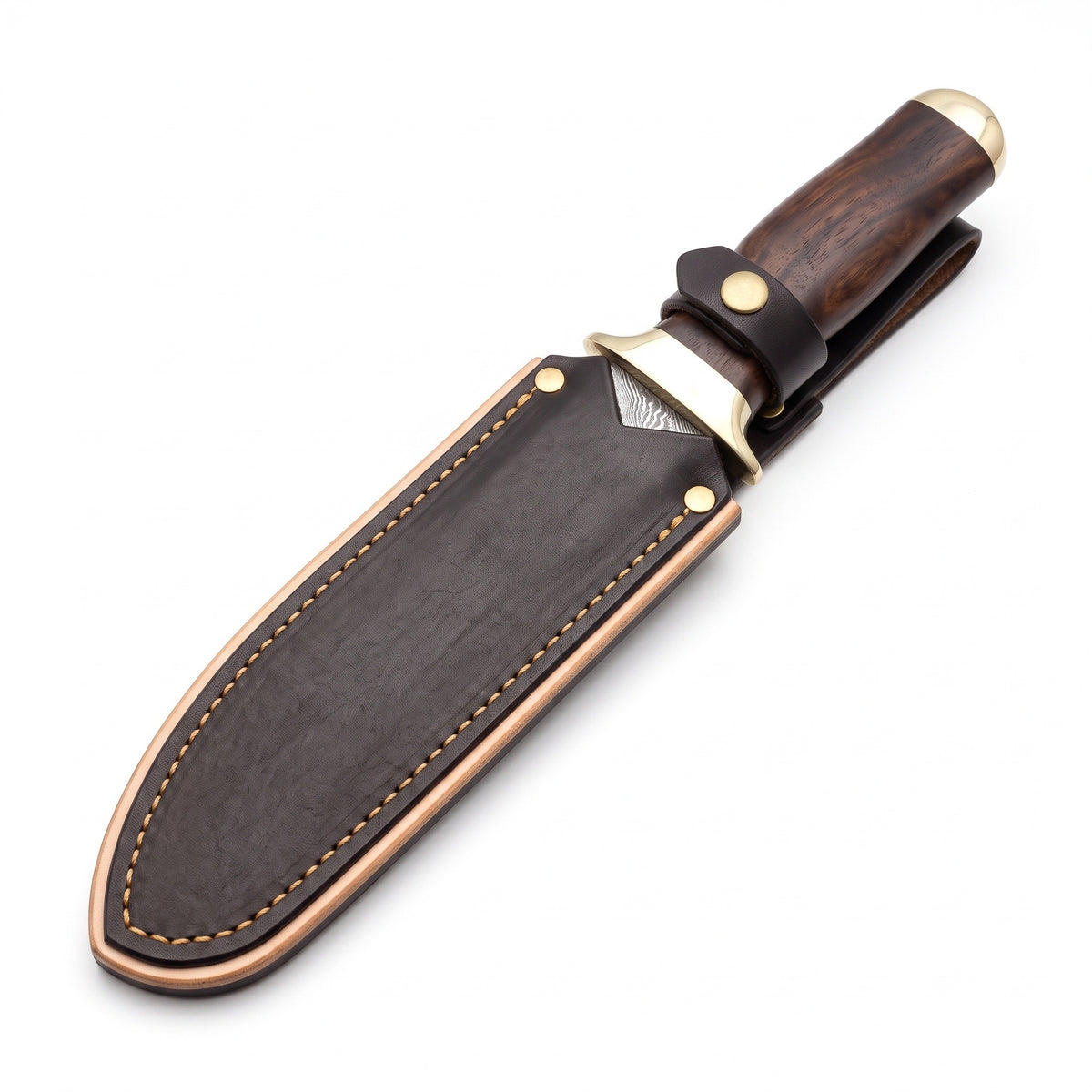 Highline 13.5" Damascus Bowie Knife | Walnut & Brass, seated in the Crownridge sheath