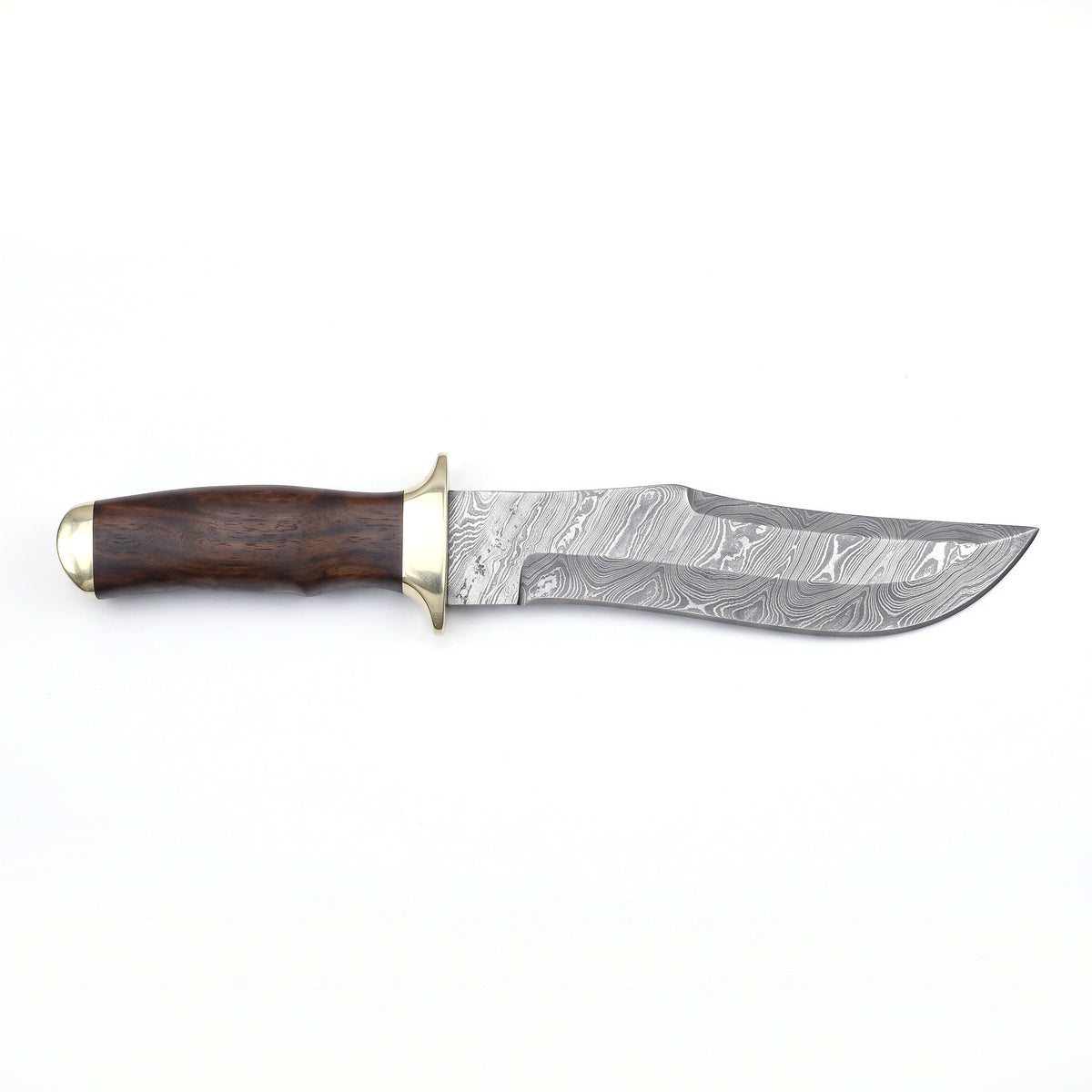 Highline 13.5" Damascus Bowie Knife | Walnut & Brass, side profile on white