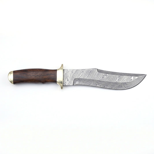 Highline 13.5" Damascus Bowie Knife | Walnut & Brass, side profile on white
