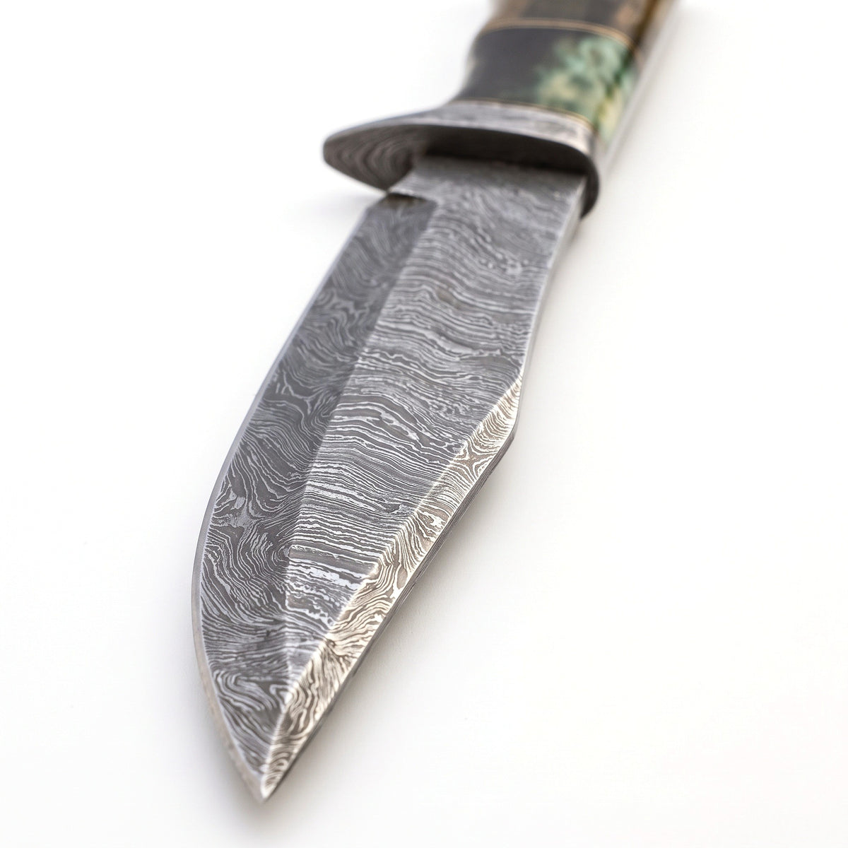 Highline 13" Damascus Bowie Knife | Camel Bone, Damascus blade close-up