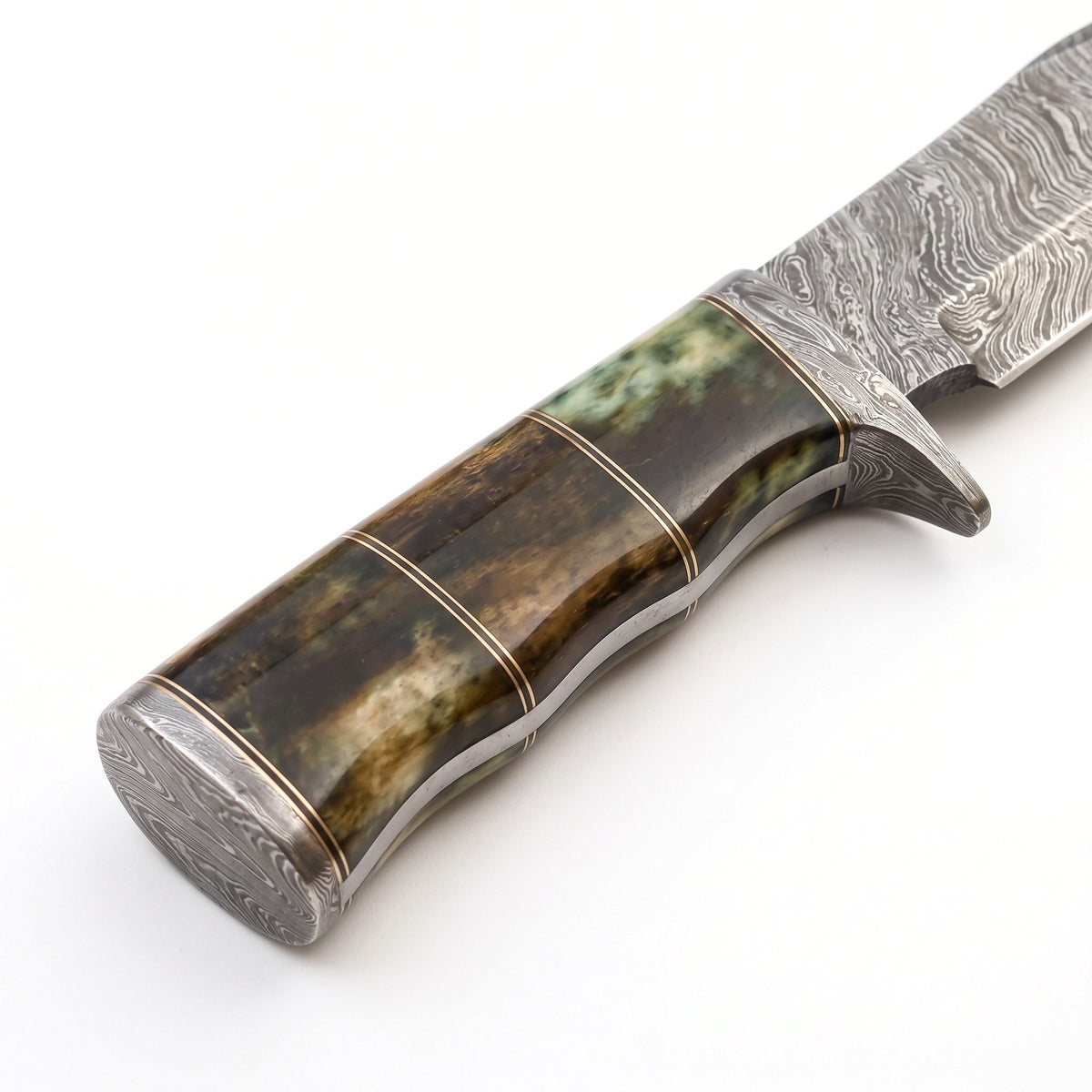 Highline 13" Damascus Bowie Knife | Camel Bone, handle and fittings close-up