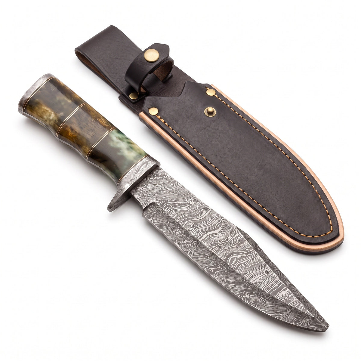 Highline 13" Damascus Bowie Knife | Camel Bone, three-quarter view with the Crownridge sheath