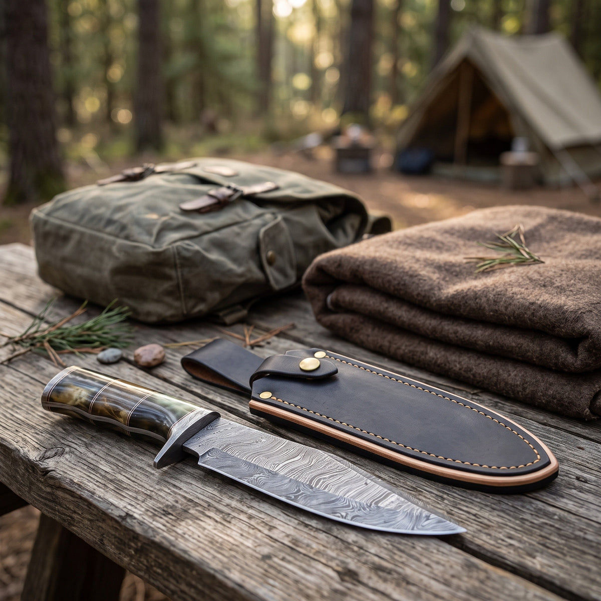 Highline 13" Damascus Bowie Knife | Camel Bone, with the Crownridge sheath in use
