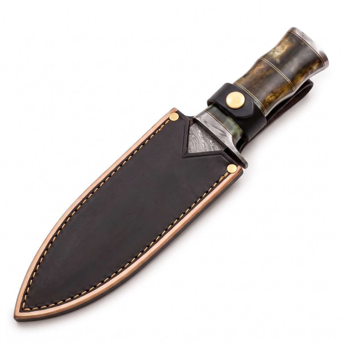 Highline 13" Damascus Bowie Knife | Camel Bone, seated in the Crownridge sheath