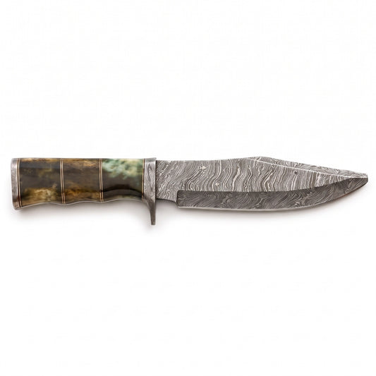 Highline 13" Damascus Bowie Knife | Camel Bone, side profile on white