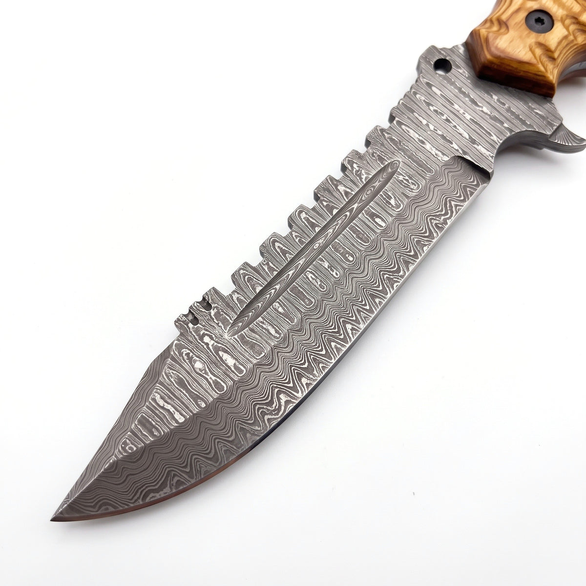 Highline 13" Damascus Bowie Knife | Stabilized Wood & Brass, Damascus blade close-up