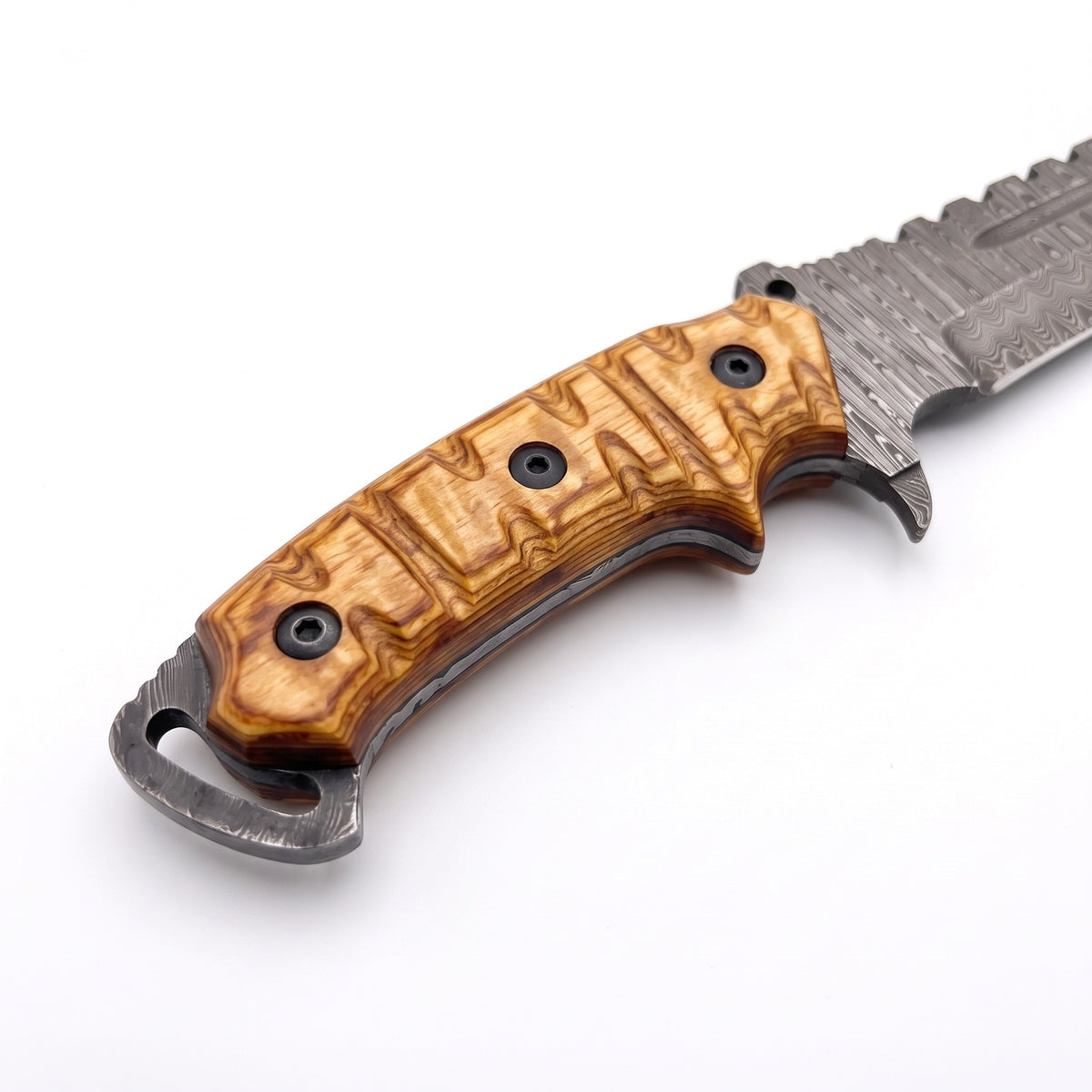 Highline 13" Damascus Bowie Knife | Stabilized Wood & Brass, handle and fittings close-up