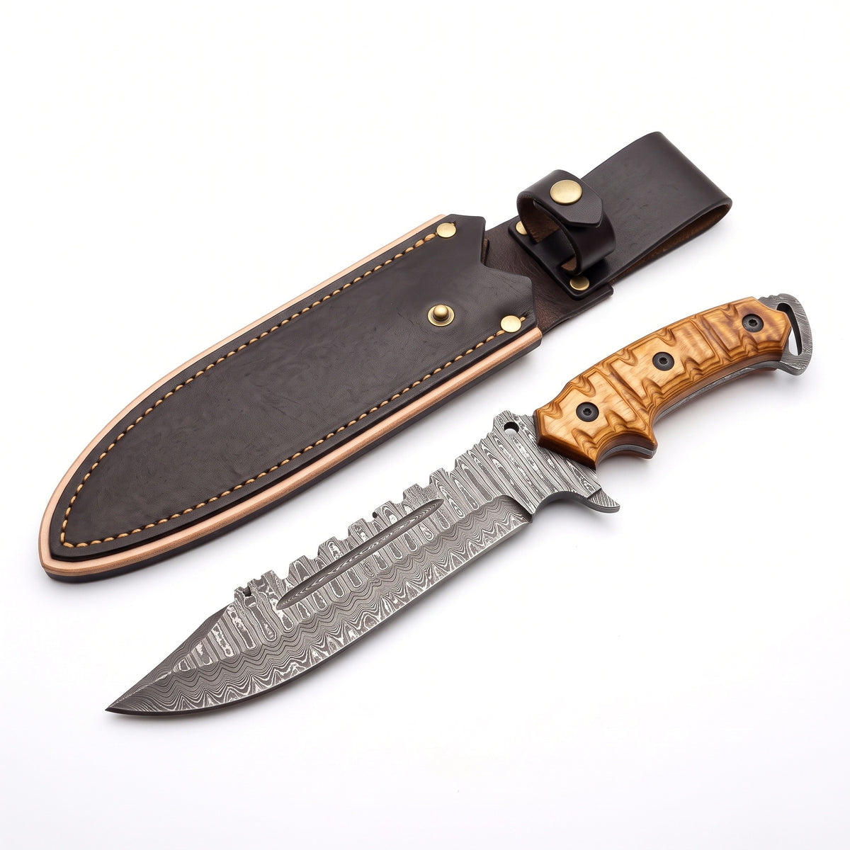 Highline 13" Damascus Bowie Knife | Stabilized Wood & Brass, three-quarter view with the Crownridge sheath