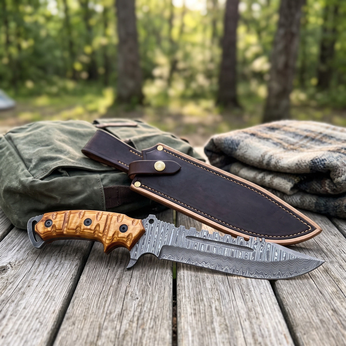 Highline 13" Damascus Bowie Knife | Stabilized Wood & Brass, with the Crownridge sheath in use