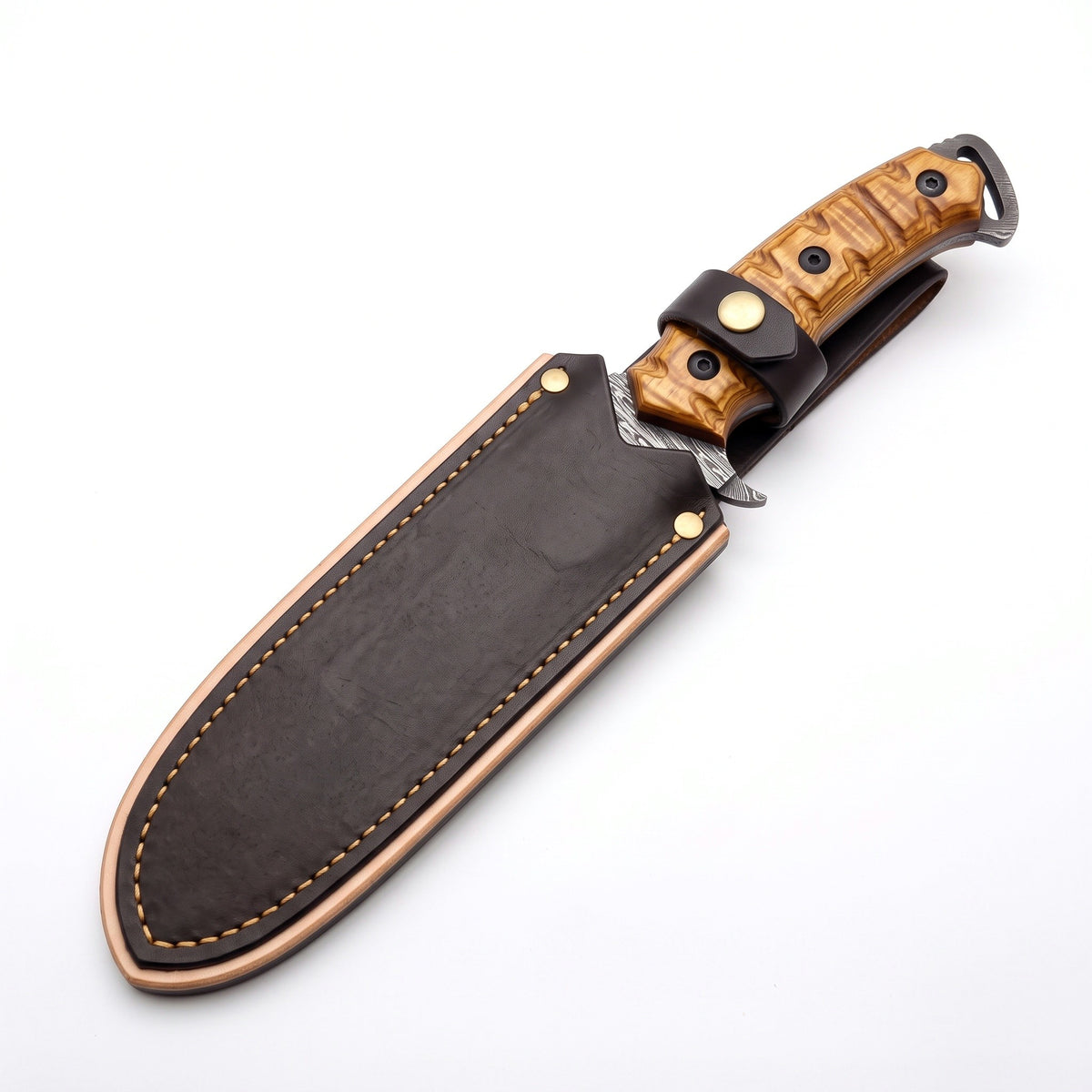 Highline 13" Damascus Bowie Knife | Stabilized Wood & Brass, seated in the Crownridge sheath