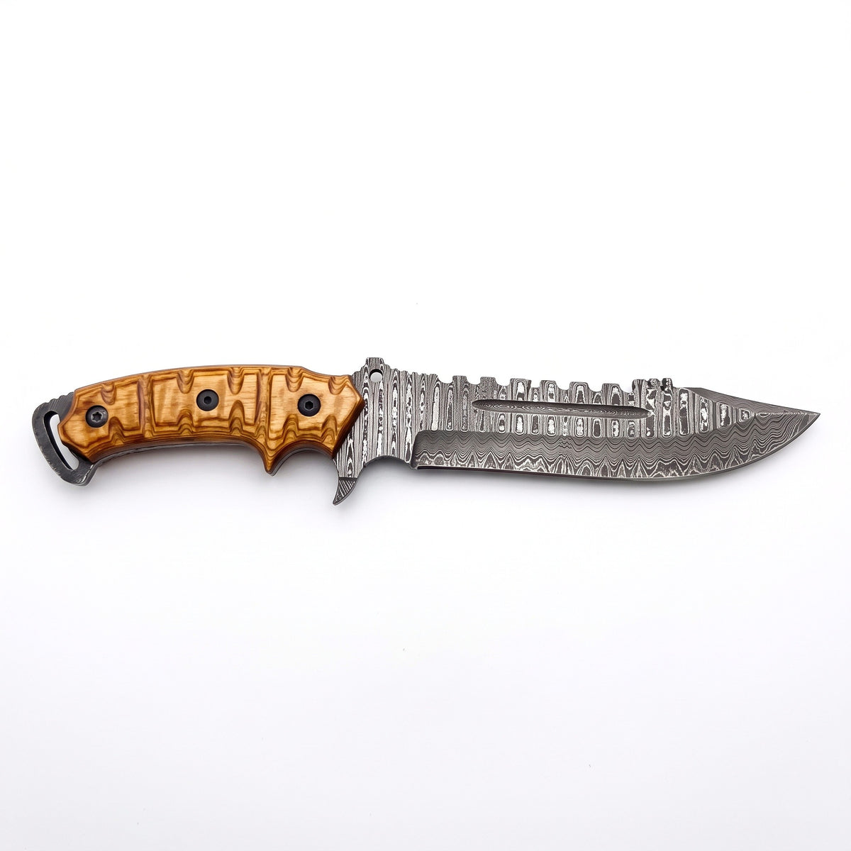 Highline 13" Damascus Bowie Knife | Stabilized Wood & Brass, side profile on white
