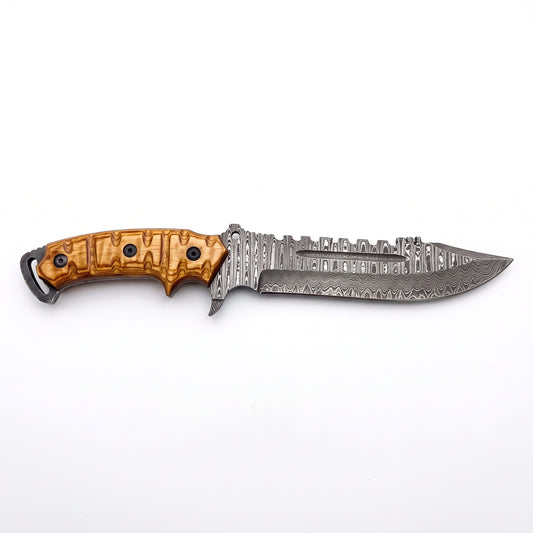 Highline 13" Damascus Bowie Knife | Stabilized Wood & Brass, side profile on white