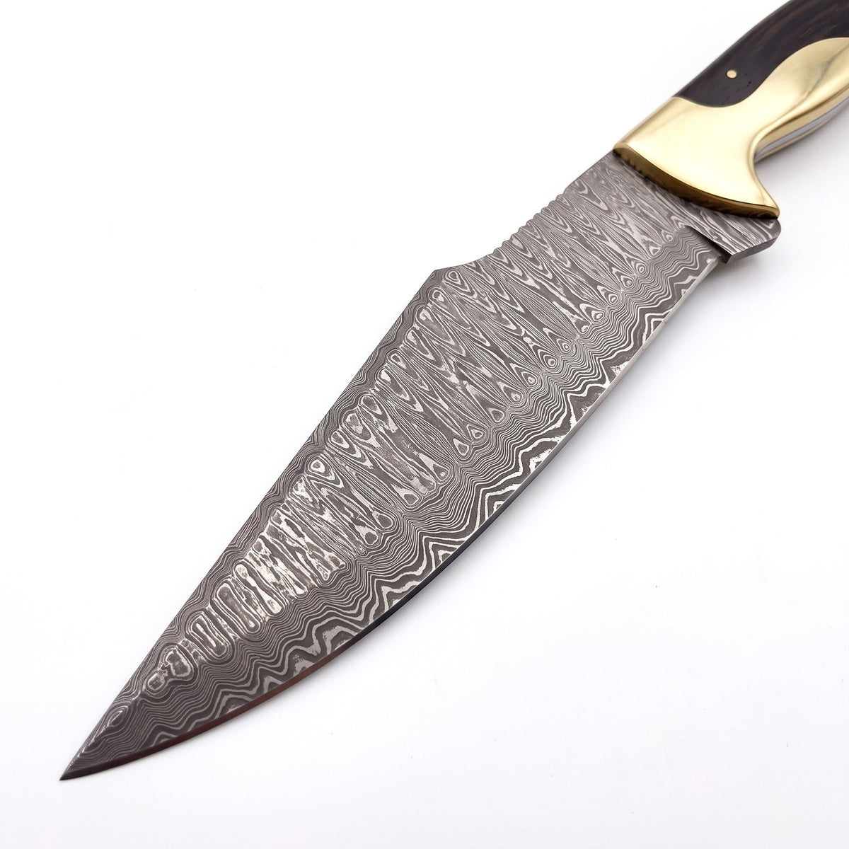 Highline 13" Damascus Bowie Knife | Vengai Wood & Brass, Damascus blade close-up