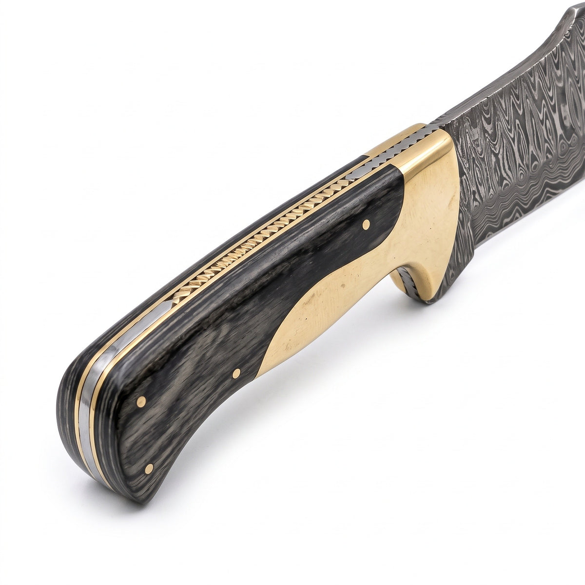 Highline 13" Damascus Bowie Knife | Vengai Wood & Brass, handle and fittings close-up