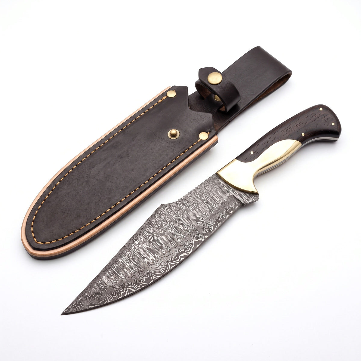 Highline 13" Damascus Bowie Knife | Vengai Wood & Brass, three-quarter view with the Crownridge sheath