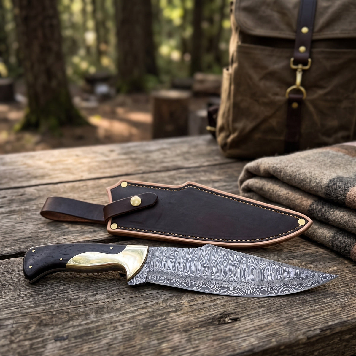 Highline 13" Damascus Bowie Knife | Vengai Wood & Brass, with the Crownridge sheath in use
