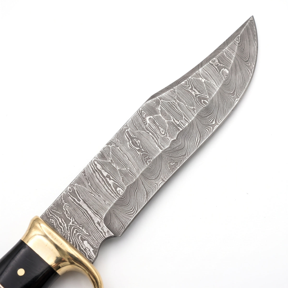 Highline 14.8" Damascus Bowie Knife | Stag & Brass, Damascus blade close-up