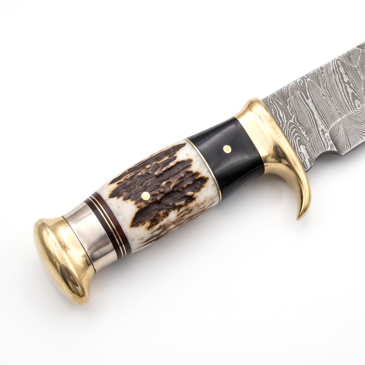 Highline 14.8" Damascus Bowie Knife | Stag & Brass, handle and fittings close-up