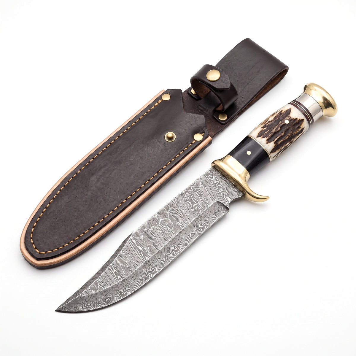 Highline 14.8" Damascus Bowie Knife | Stag & Brass, three-quarter view with the Crownridge sheath