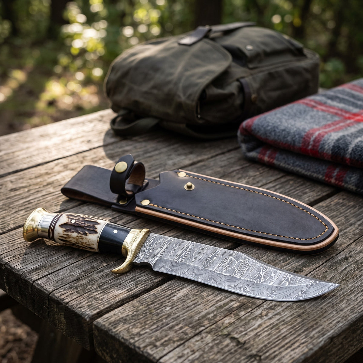 Highline 14.8" Damascus Bowie Knife | Stag & Brass, with the Crownridge sheath in use