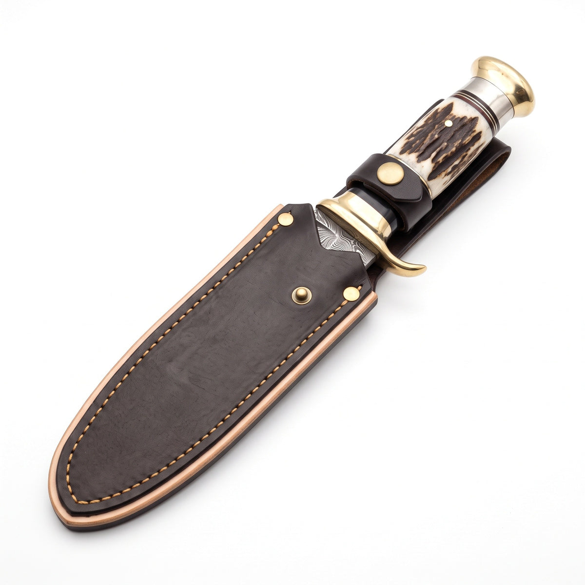 Highline 14.8" Damascus Bowie Knife | Stag & Brass, seated in the Crownridge sheath