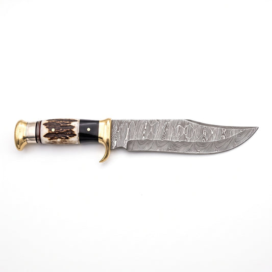 Highline 14.8" Damascus Bowie Knife | Stag & Brass, side profile on white