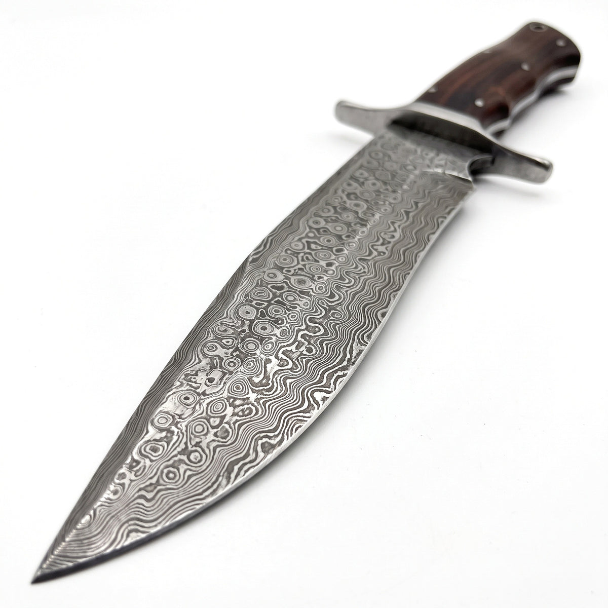 Highline 14" Damascus Bowie Knife | Rosewood, Damascus blade close-up