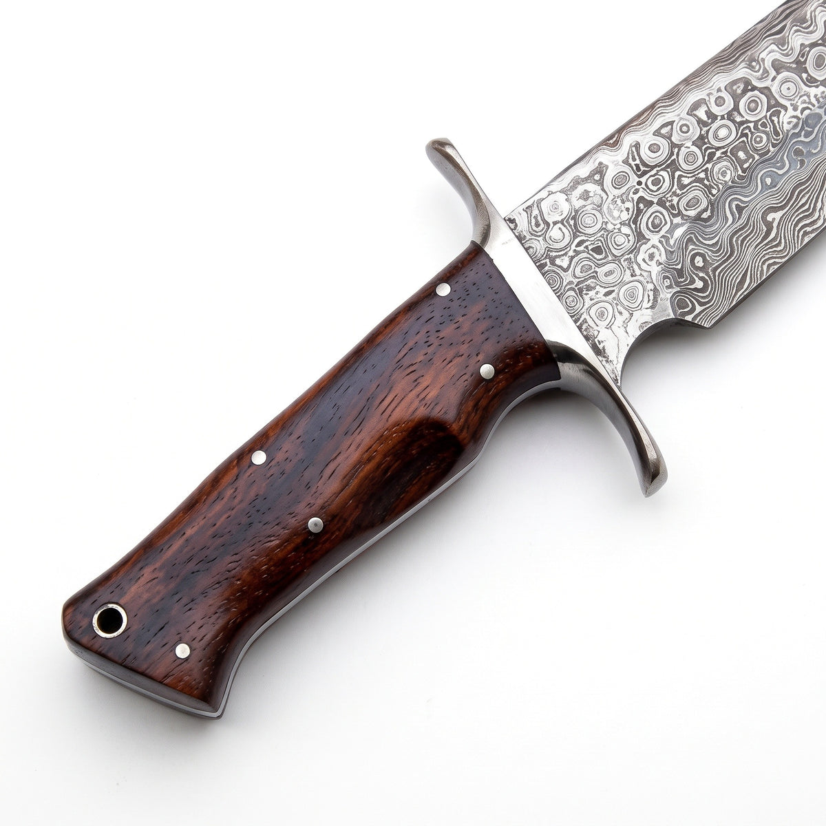 Highline 14" Damascus Bowie Knife | Rosewood, handle and fittings close-up