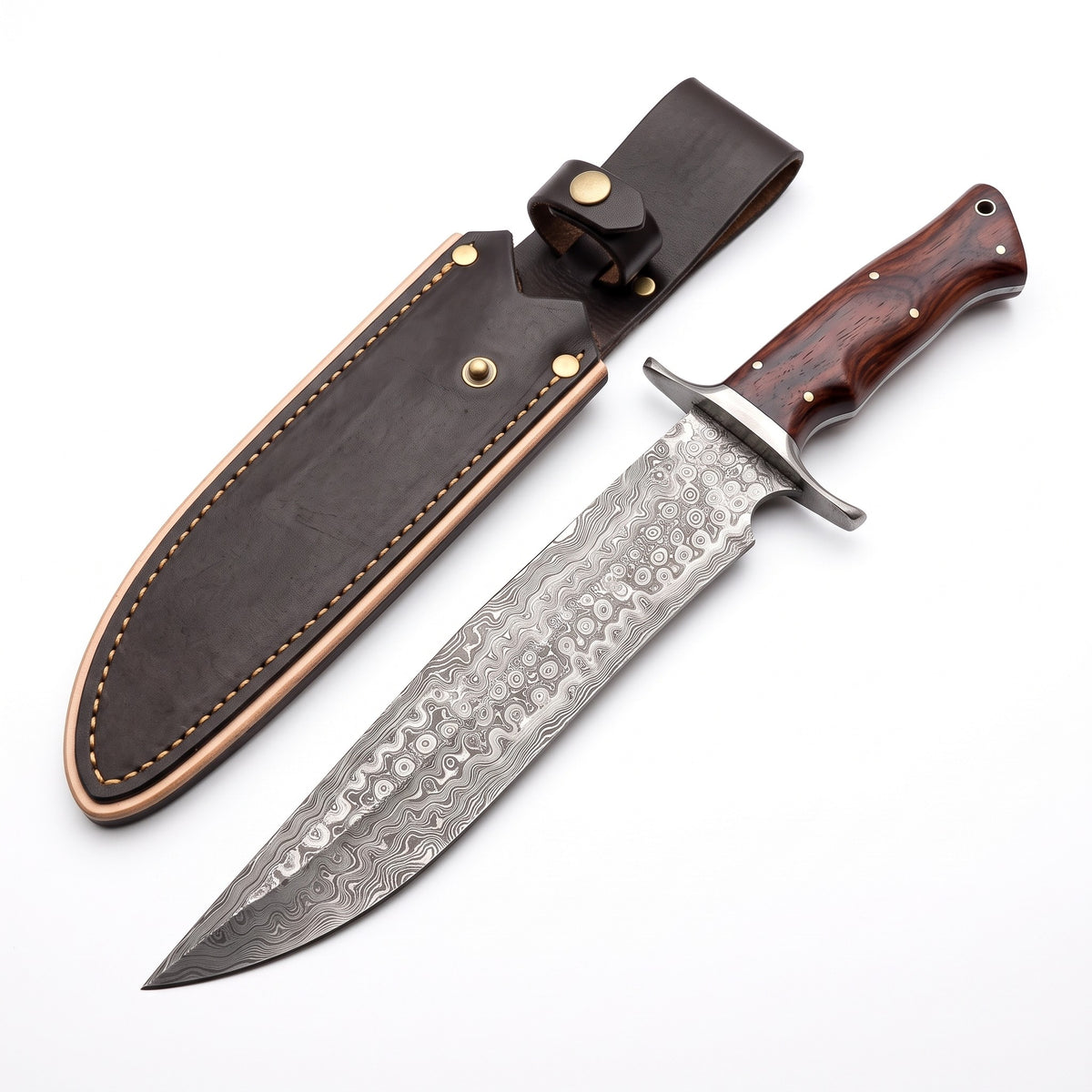 Highline 14" Damascus Bowie Knife | Rosewood, three-quarter view with the Crownridge sheath