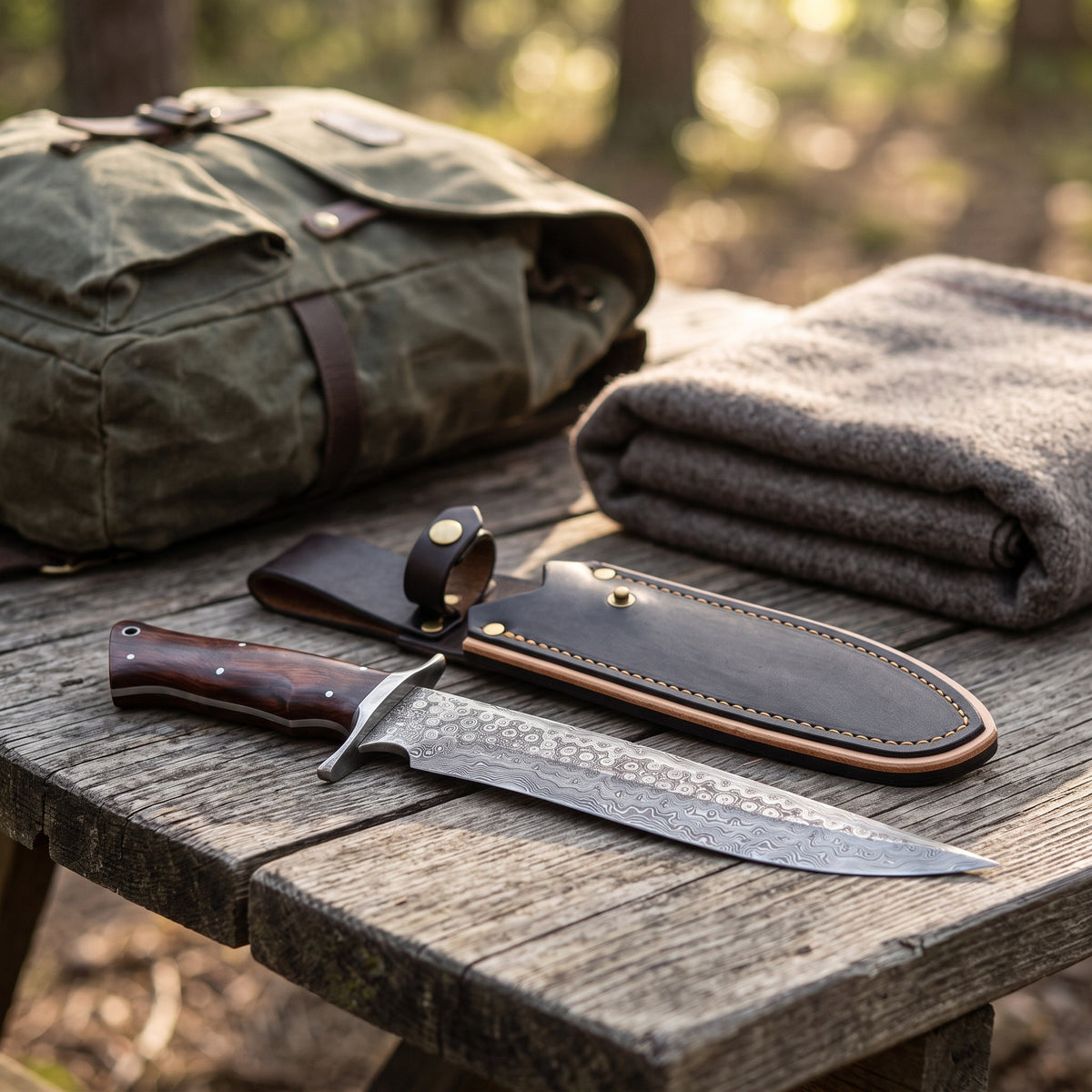 Highline 14" Damascus Bowie Knife | Rosewood, with the Crownridge sheath in use