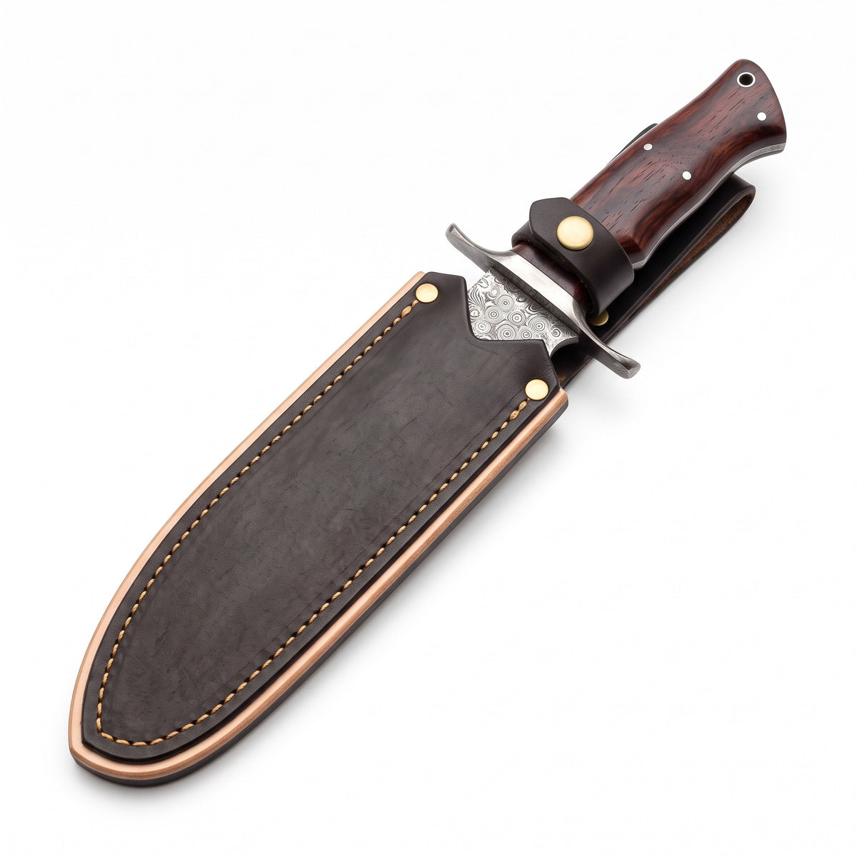 Highline 14" Damascus Bowie Knife | Rosewood, seated in the Crownridge sheath