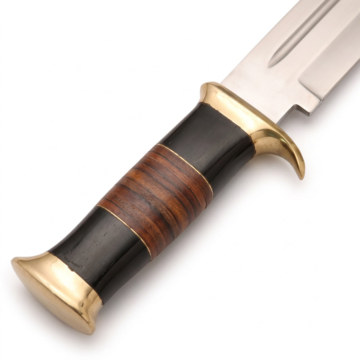 Highline 15" Carbon Steel Bowie Knife | Buffalo Horn & Brass, handle and fittings close-up