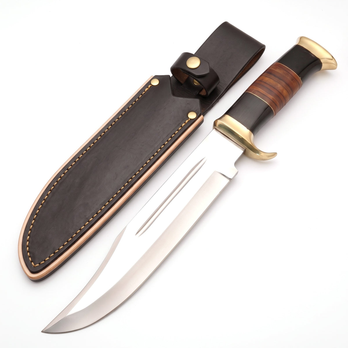 Highline 15" Carbon Steel Bowie Knife | Buffalo Horn & Brass, three-quarter view with the Crownridge sheath