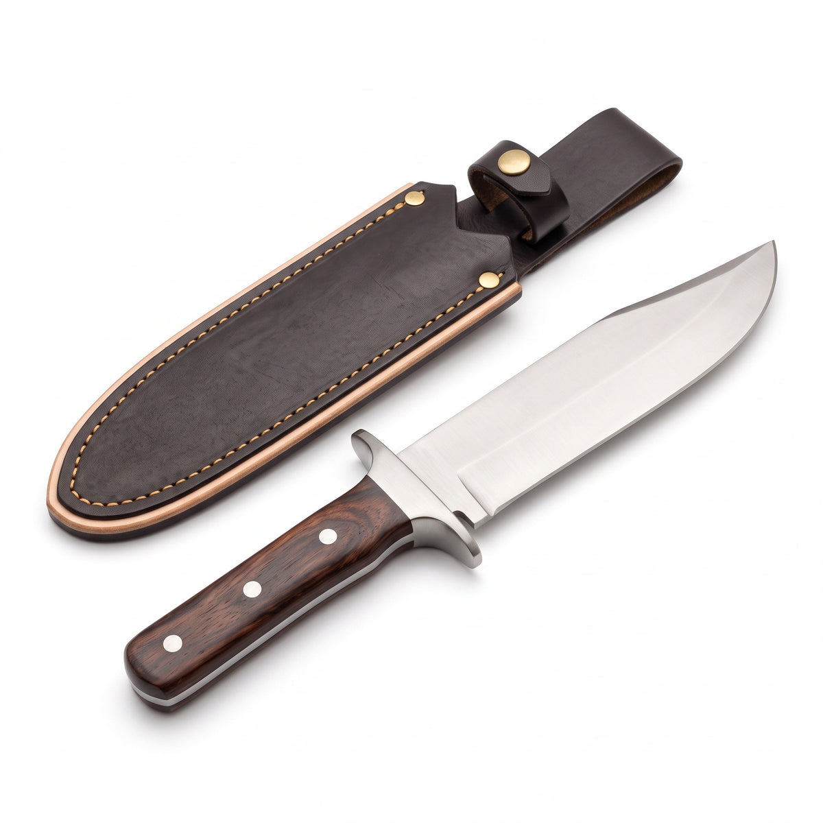 Highline 15" Carbon Steel Bowie Knife | Rosewood, three-quarter view with the Crownridge sheath