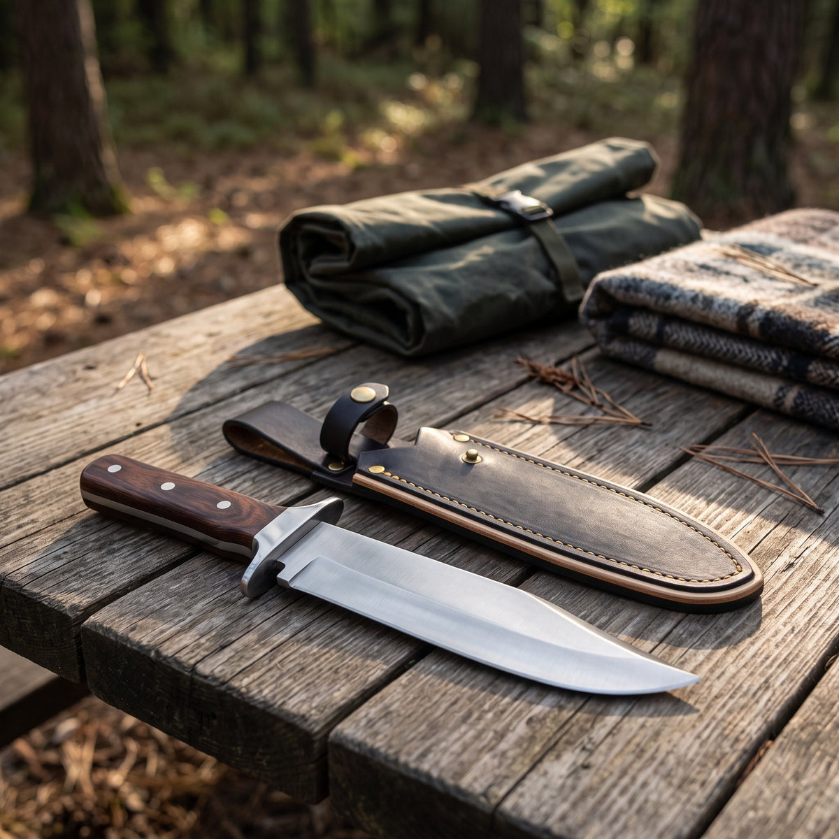 Highline 15" Carbon Steel Bowie Knife | Rosewood, with the Crownridge sheath in use