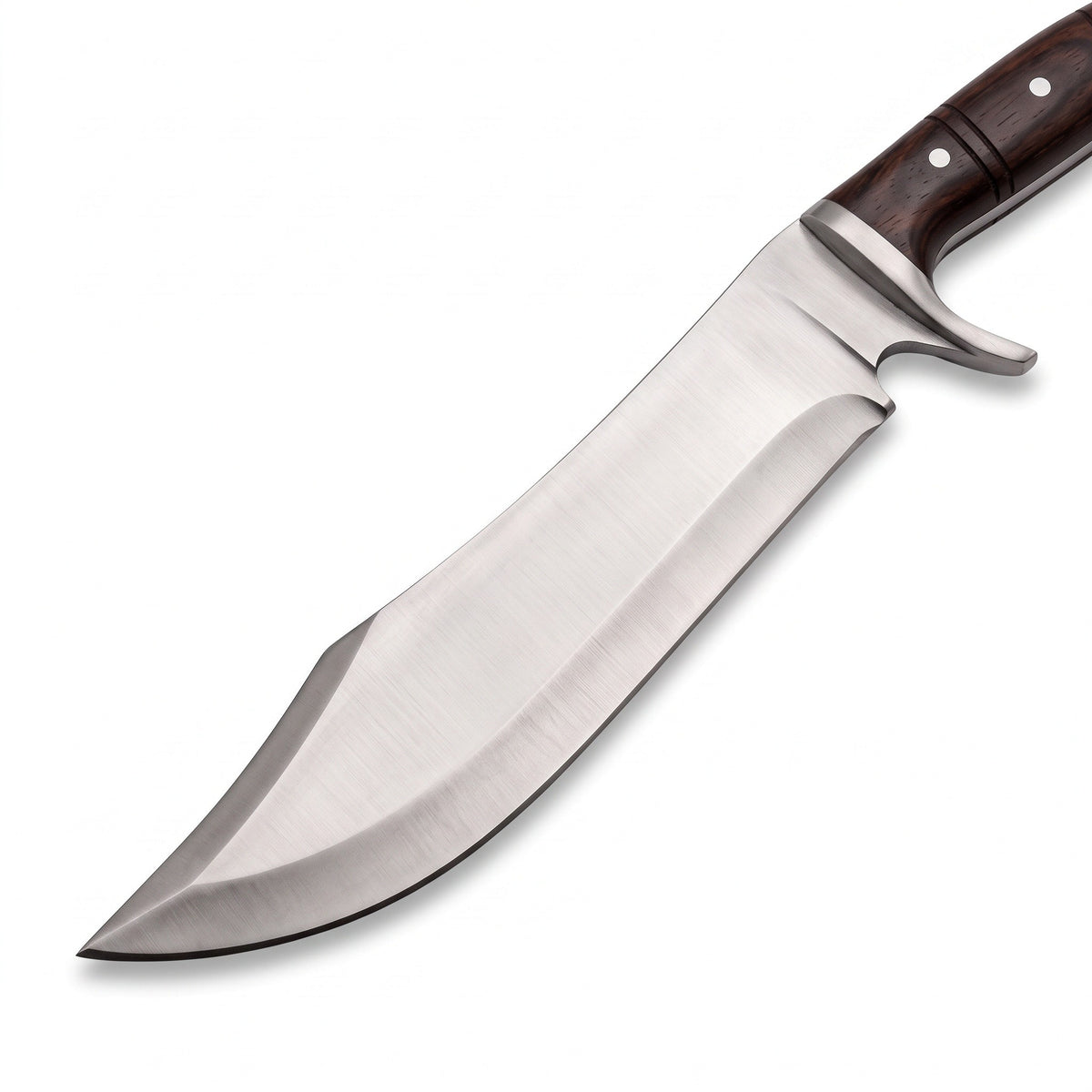 Highline 15" Satin Steel Bowie Knife | Dark Hardwood, satin steel blade close-up