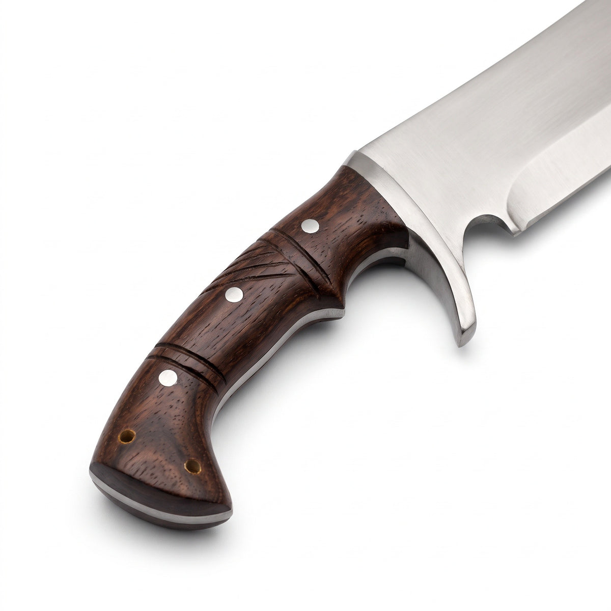 Highline 15" Satin Steel Bowie Knife | Dark Hardwood, handle and fittings close-up