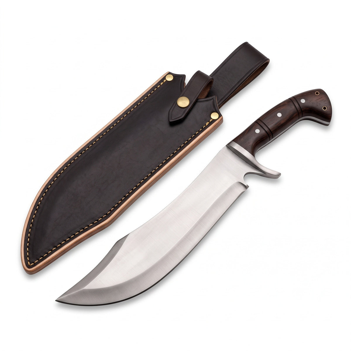Highline 15" Satin Steel Bowie Knife | Dark Hardwood, three-quarter view with the Crownridge sheath