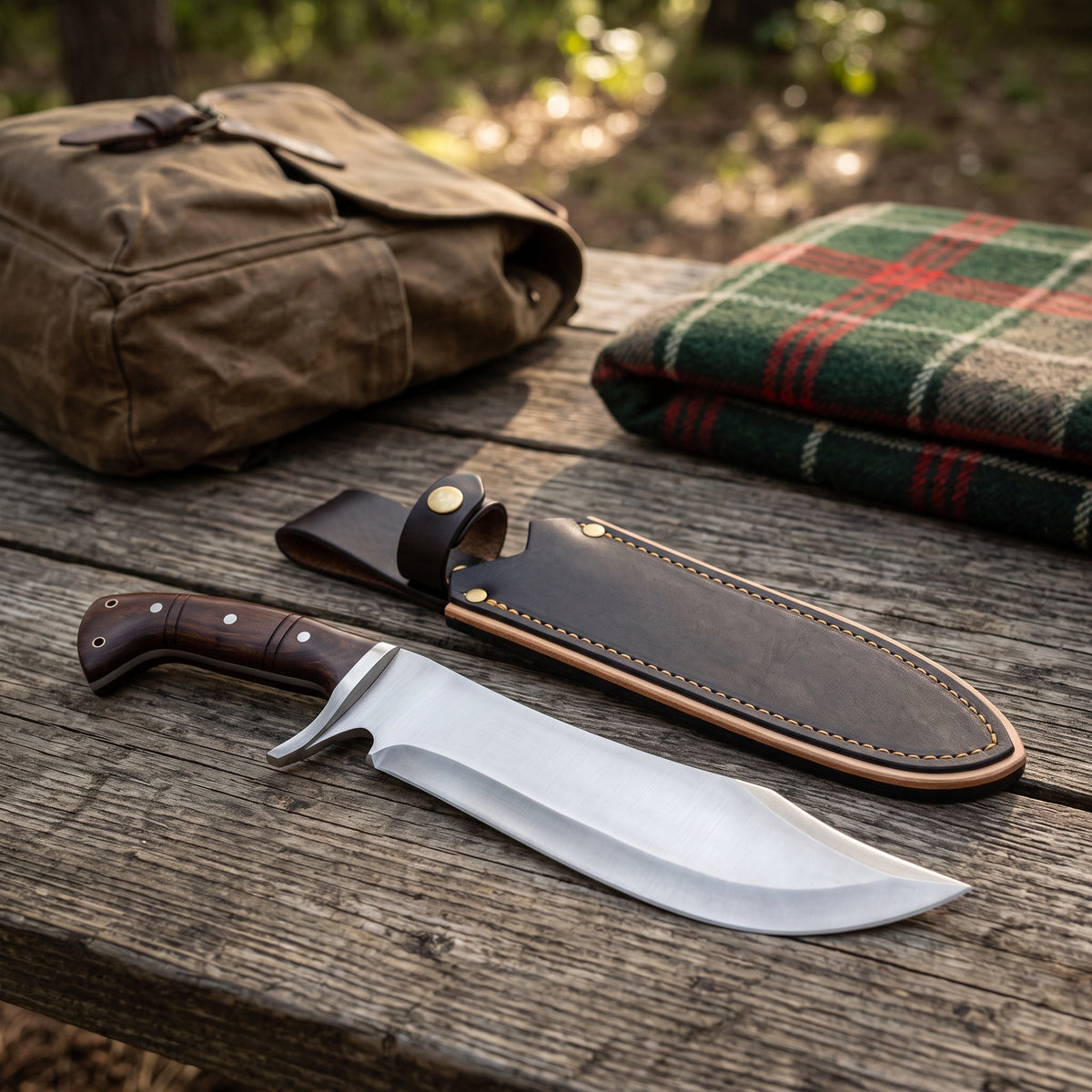 Highline 15" Satin Steel Bowie Knife | Dark Hardwood, with the Crownridge sheath in use