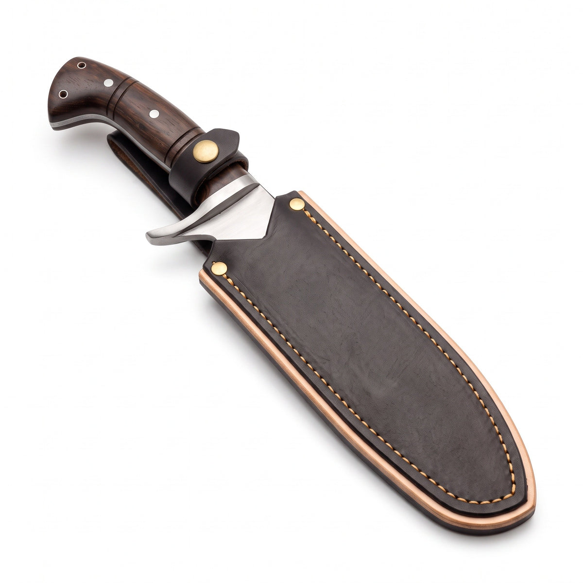 Highline 15" Satin Steel Bowie Knife | Dark Hardwood, seated in the Crownridge sheath